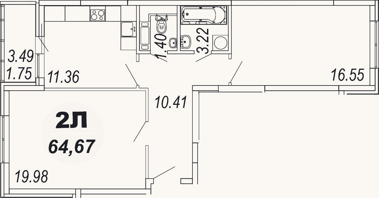Планировка: 2-к, 62,9 м²