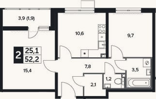 Планировка: 2-к, 51,9 м²