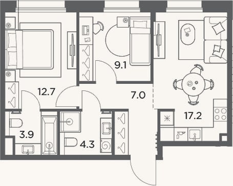 Планировка: 2-к, 54,2 м²