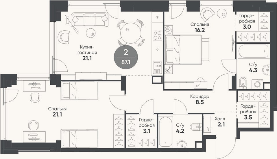 Планировка: 3-к, 87,1 м²