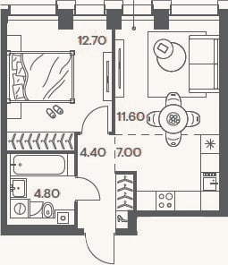Планировка: 2-к, 40,5 м²