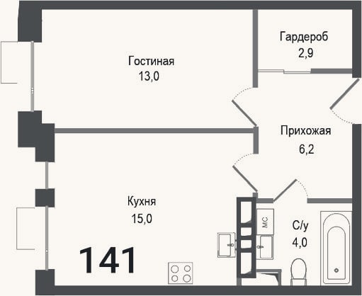 Планировка: 1-к, 41,1 м²