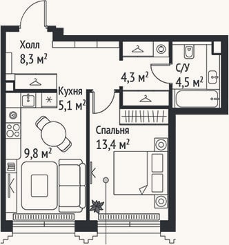 Планировка: 2-к, 45,4 м²