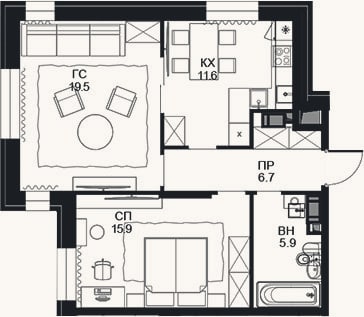 Планировка: 2-к, 59,6 м²