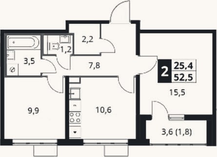 Планировка: 2-к, 50,7 м²