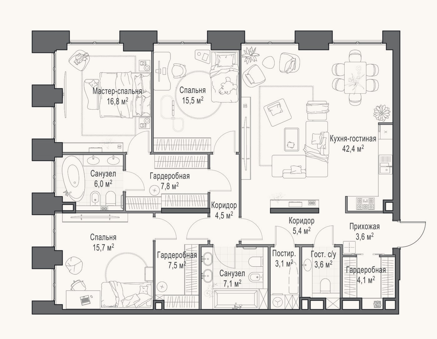 Планировка: 4+ к, 144,2 м²