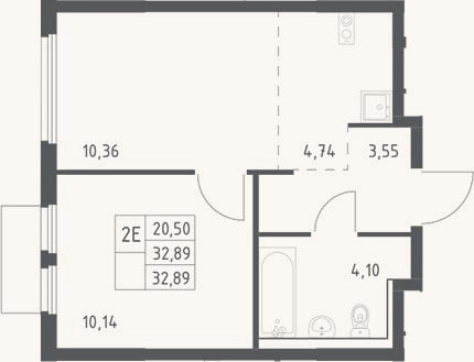 Планировка: 2-к, 32,9 м²
