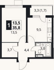 Планировка: 1-к, 34,1 м²