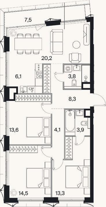 Планировка: 4+ к, 87,7 м²
