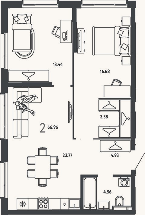 Планировка: 2-к, 67 м²