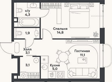 Планировка: 2-к, 43,3 м²