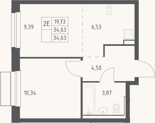 Планировка: 2-к, 34,6 м²