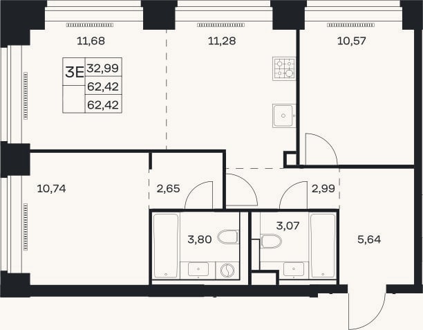 Планировка: 3-к, 62,4 м²
