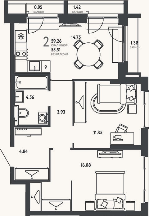 Планировка: 2-к, 55,5 м²