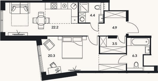 Планировка: 2-к, 61,6 м²