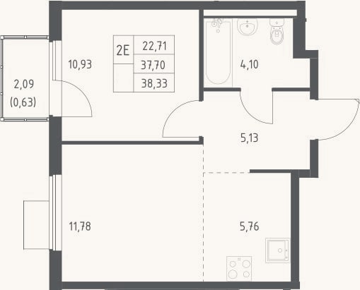 Планировка: 2-к, 37,7 м²