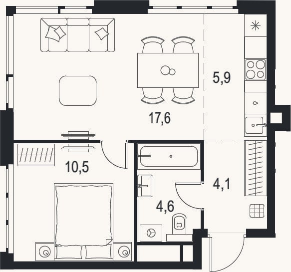 Планировка: 2-к, 42,7 м²