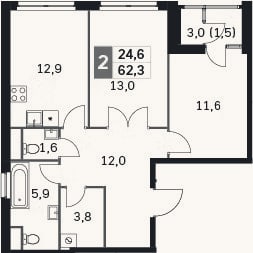Планировка: 2-к, 59,6 м²