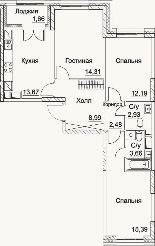 Планировка: 3-к, 73,6 м²