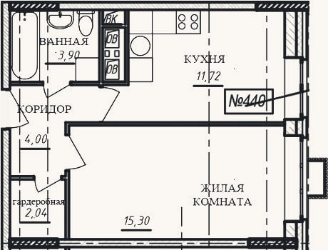 Планировка: 1-к, 37 м²