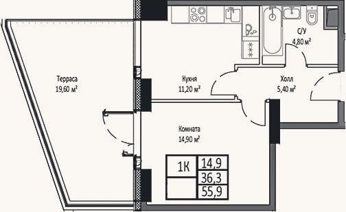 Планировка: 1-к, 36,3 м²