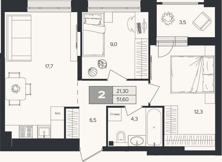 Планировка: 2-к, 49,9 м²