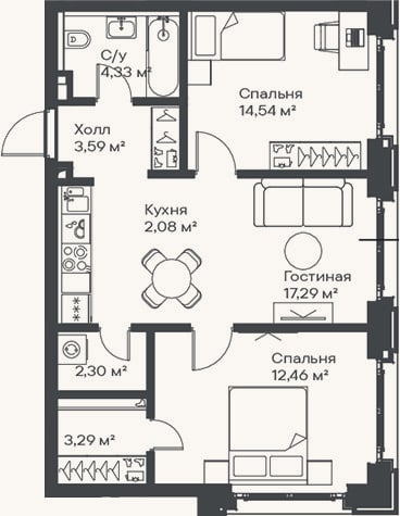 Планировка: 3-к, 59,9 м²