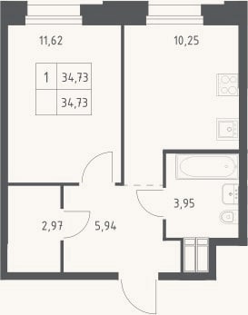 Планировка: 1-к, 34,7 м²