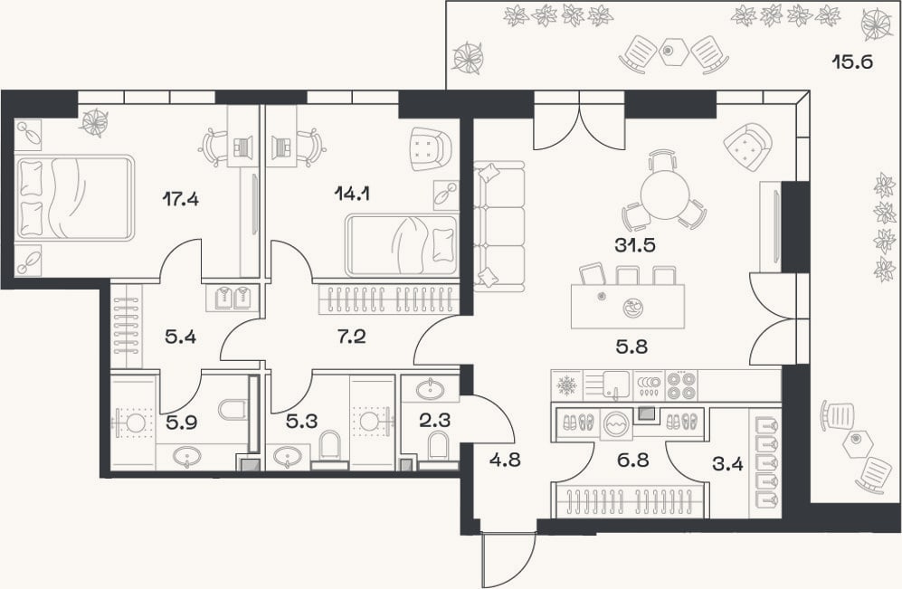 Планировка: 3-к, 110 м²
