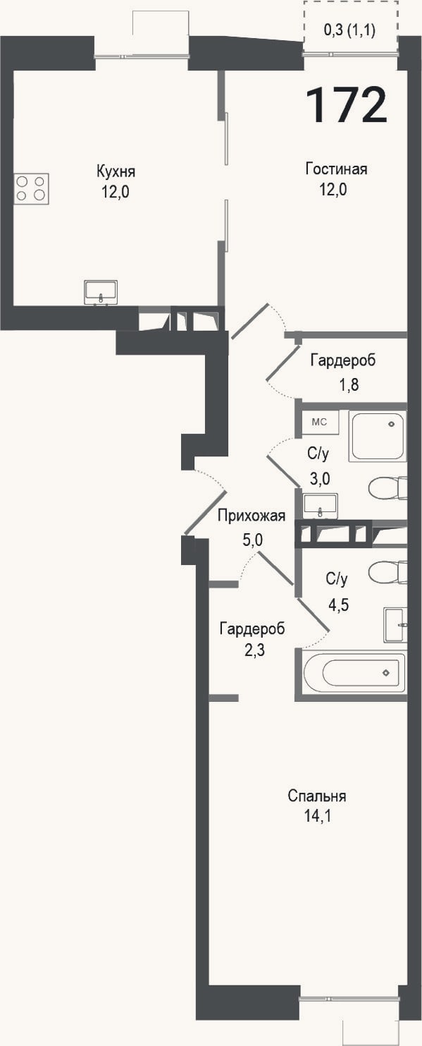Планировка: 2-к, 54,2 м²