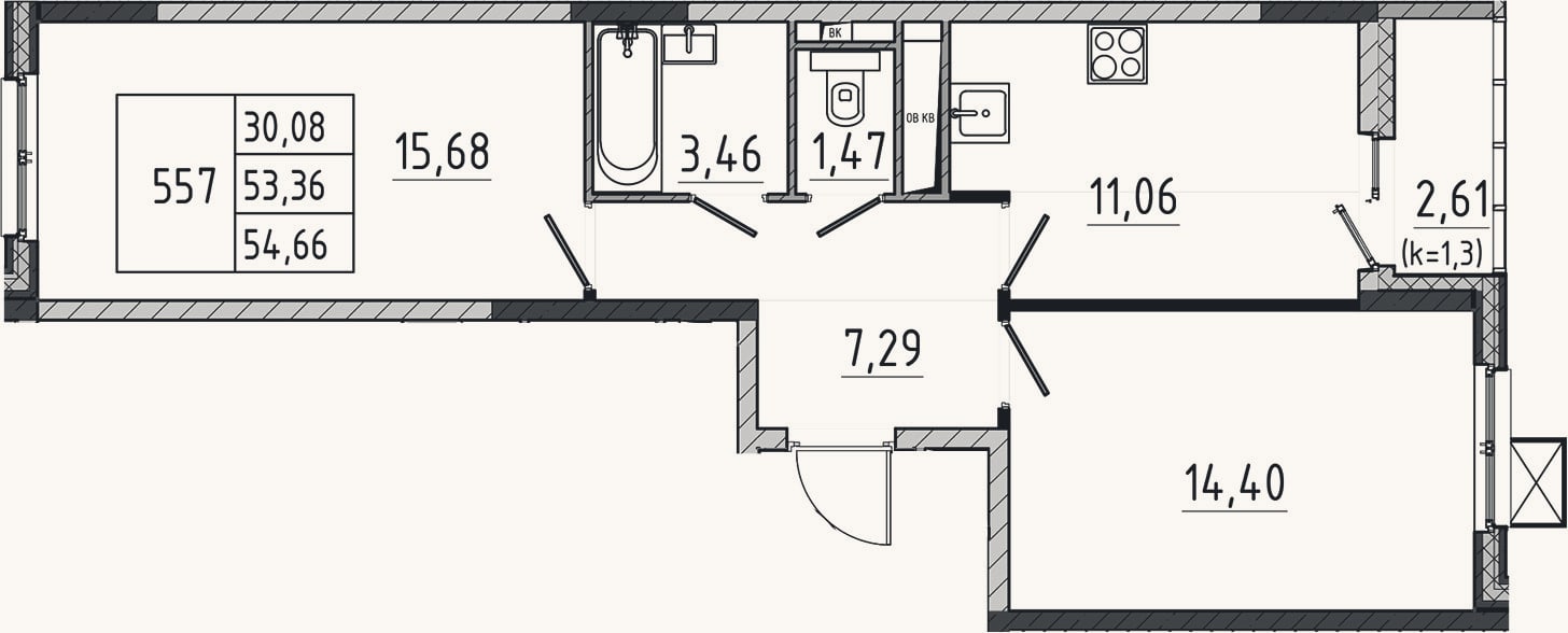 Планировка: 2-к, 53,4 м²
