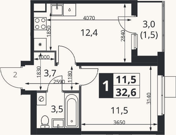 Планировка: 1-к, 31,1 м²