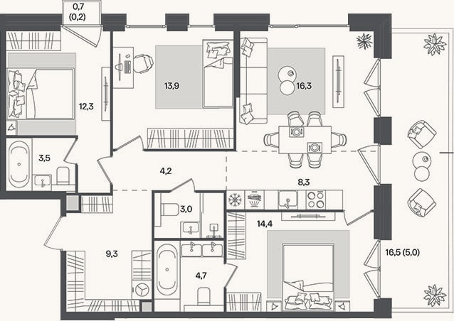 Планировка: 4+ к, 89,9 м²
