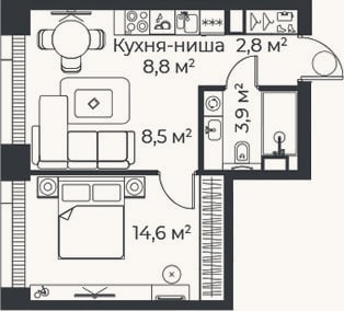 Планировка: 2-к, 38,5 м²