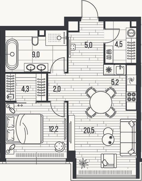 Планировка: 2-к, 62,7 м²
