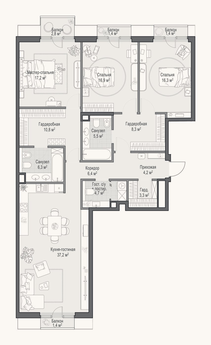 Планировка: 4+ к, 136,7 м²