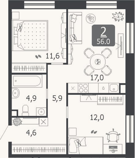 Планировка: 3-к, 56 м²