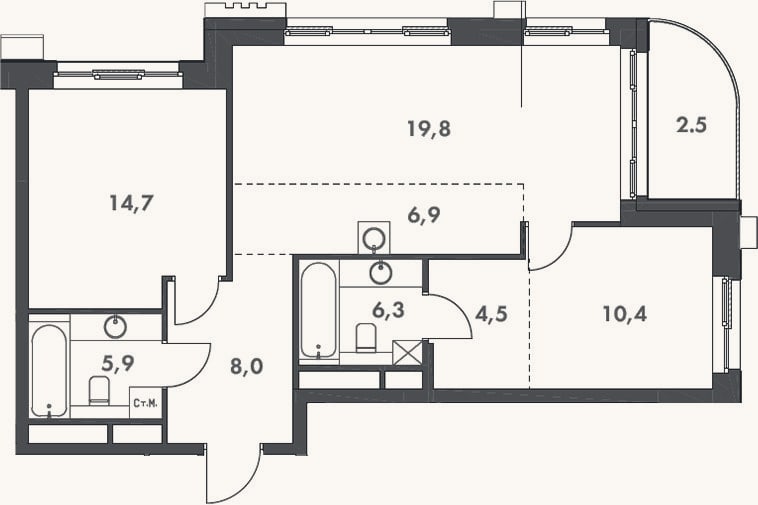 Планировка: 3-к, 76,5 м²
