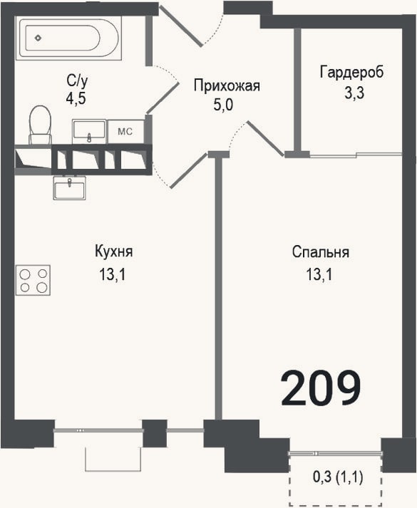 Планировка: 1-к, 39 м²