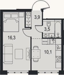 Планировка: 1-к, 33,8 м²