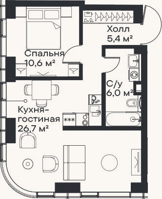 Планировка: 2-к, 48,7 м²