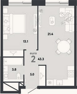 Планировка: 2-к, 43,3 м²