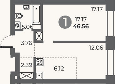 Планировка: 1-к, 46,6 м²