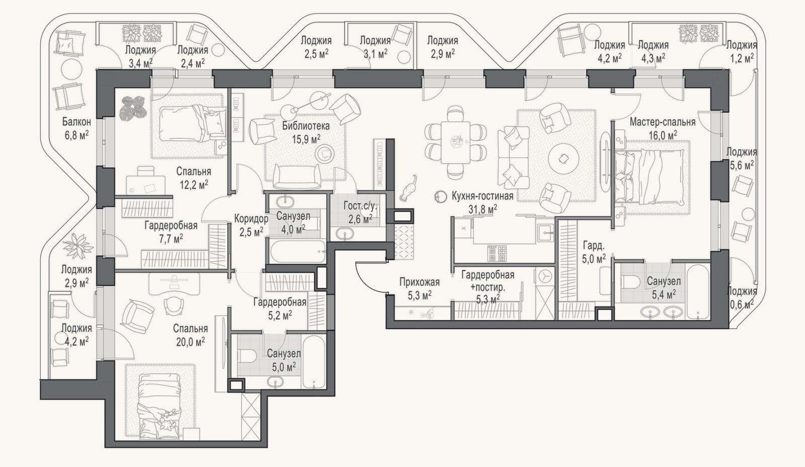 Планировка: 4+ к, 144 м²