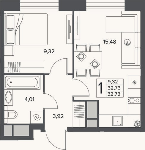 Планировка: 1-к, 32,7 м²