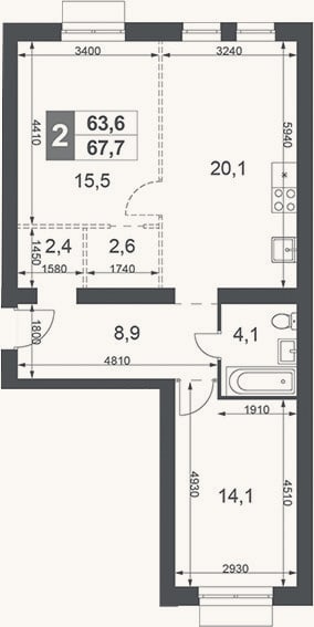 Планировка: 2-к, 67,7 м²