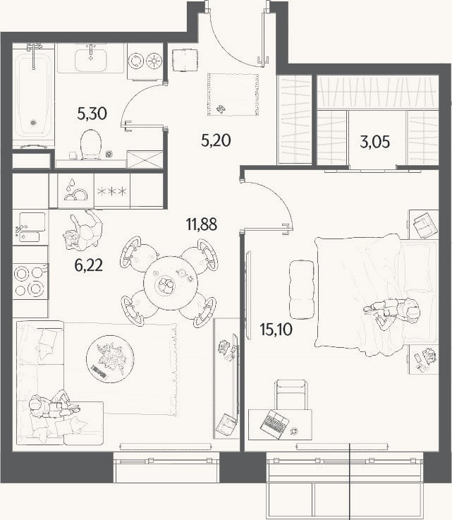 Планировка: 2-к, 46,8 м²