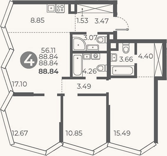 Планировка: 3-к, 88,8 м²