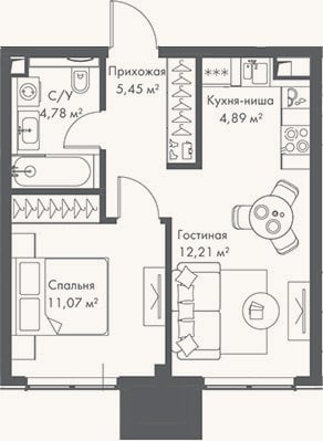 Планировка: 2-к, 38,4 м²