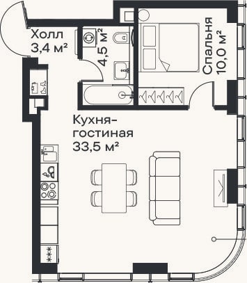 Планировка: 2-к, 51,4 м²